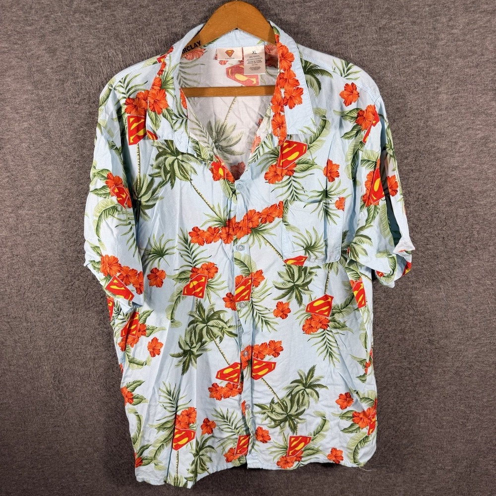 Superman Men's XL Rayon Short Sleeve Button-Up Hawaiian Floral Shirt Blue Resort